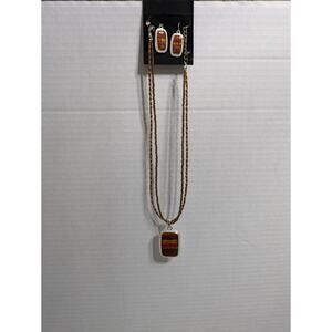 Necklace Earring Set‎ Vintage Designer KC Beaded Two Strand Silver Tone Pendant